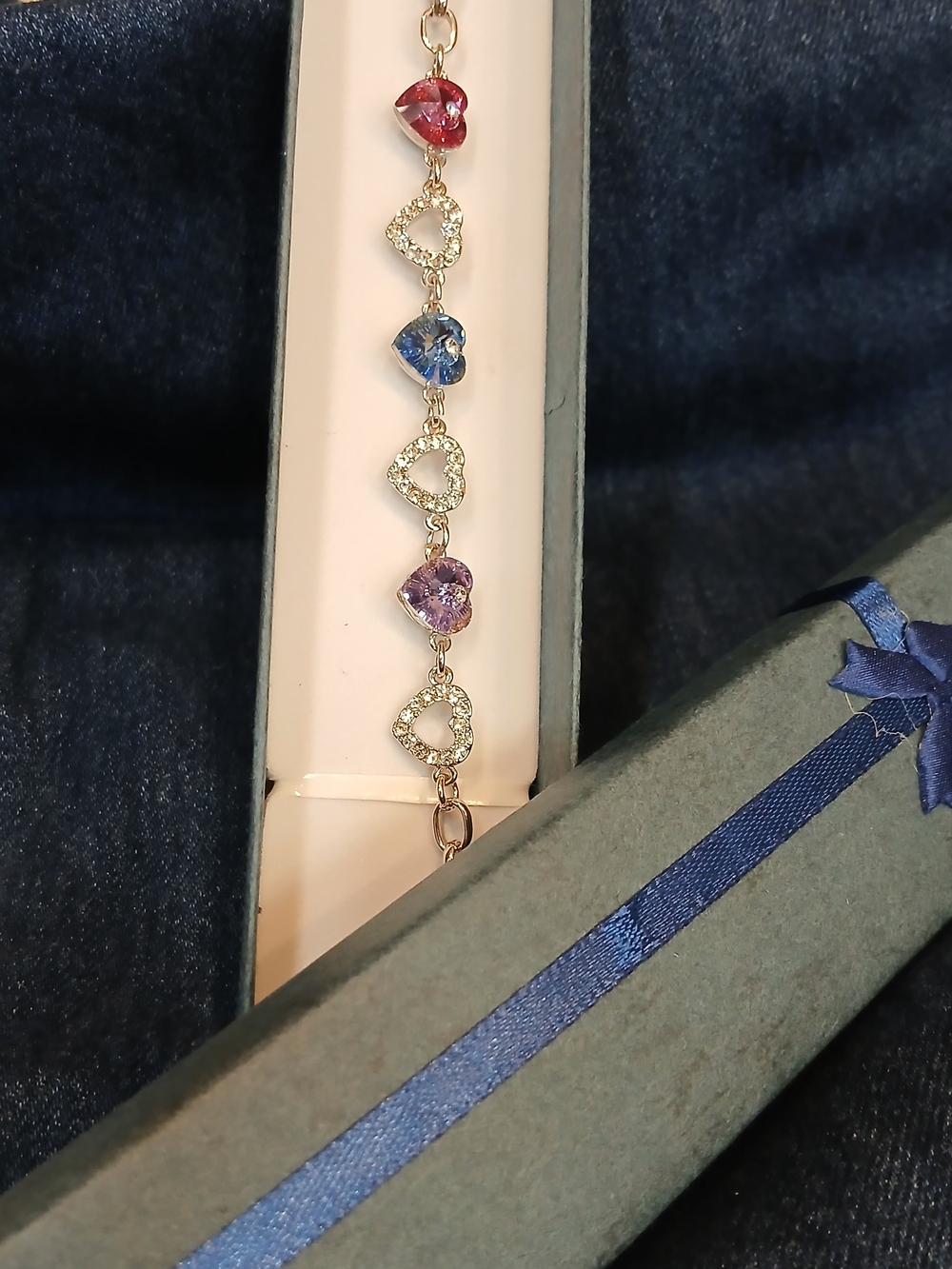 Swarovski Heart Link Bracelet with Pink, Blue and Purple Crystal Hearts